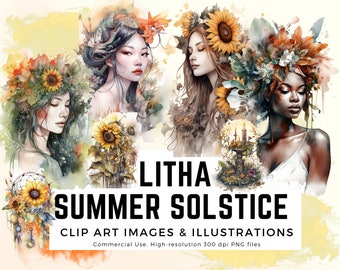 Witches' Sabbat Litha - Summer Solstice - Watercolor Art - Clipart Goddeses, Images & Watercolour Paint Swatches PNG format instant download