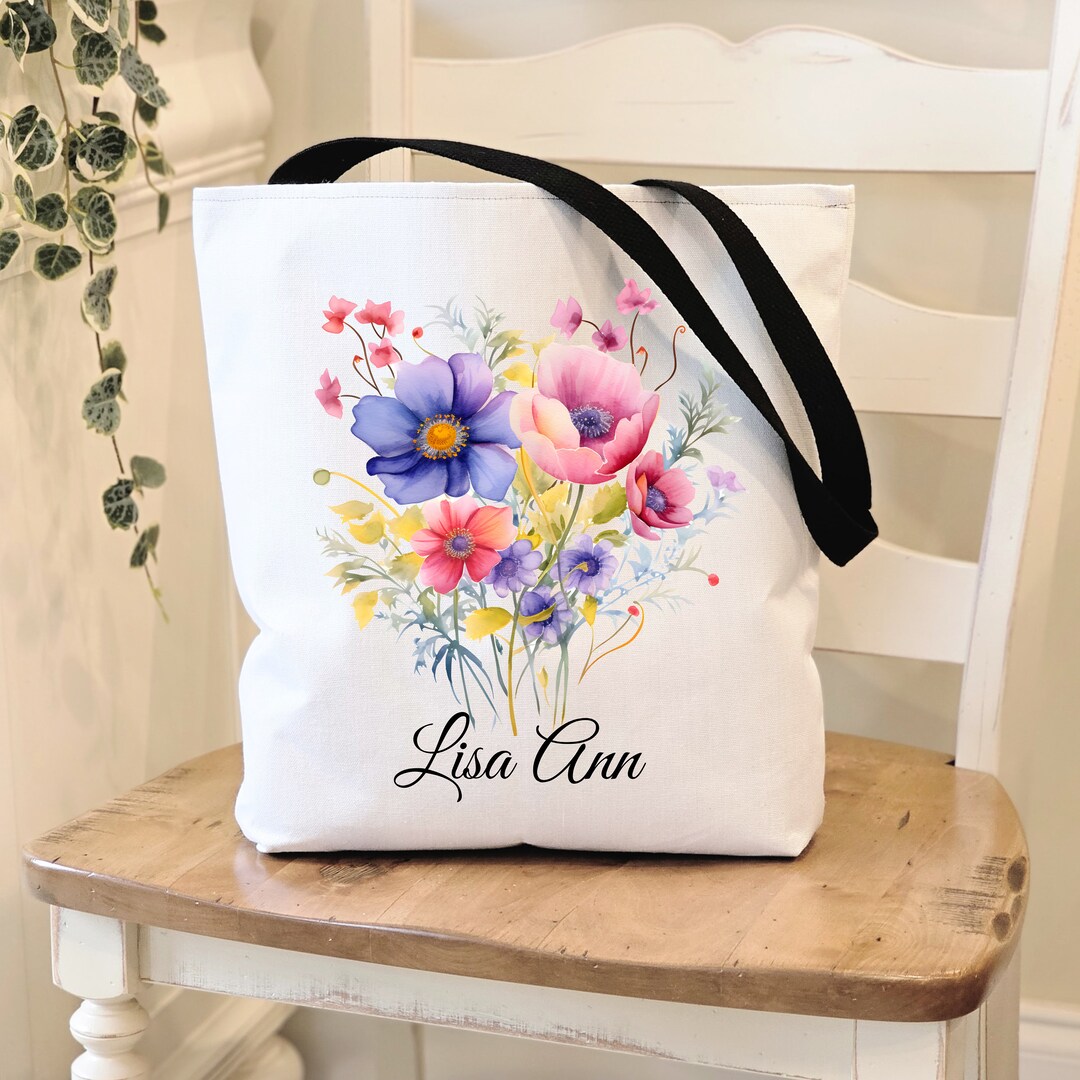 Personalized Name Tote Bag, Birth Flower Bag, Bridesmaid Tote Bag