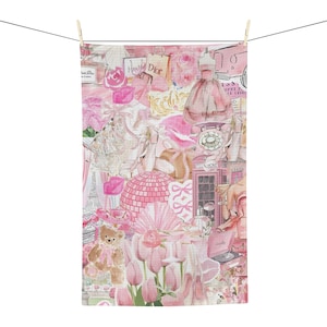 Pink tea towel, Flower scrapbook dish towel, Unique Tea towel, Floral kitchen decor, Tulip Tea towel, Flower Tea towel, Tea towel art