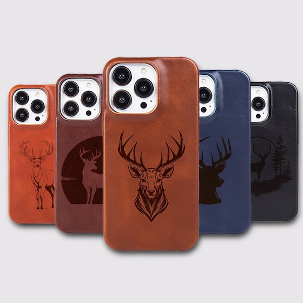 Coque iPhone personnalisée en cuir véritable avec motif cerf personnalisé, idée cadeau parfaite