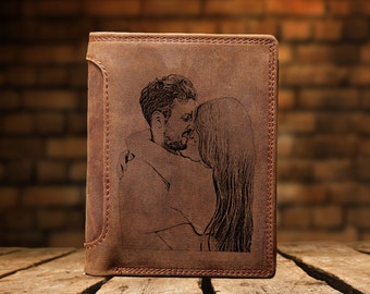 Cartera para hombre con foto personalizada, tarjetero Vintage, organizador de tarjetas multifuncional, billetera de cuero genuino Crazy Horse para novio