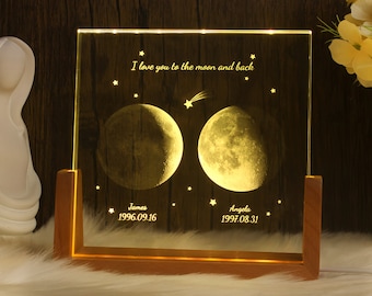 Personalized Moon Phase Crystal Lamp,Custom Moon Crystal Nightlight,The Night We Met Anniversary Gift,The Day You Were Born Gift,Couple Gift