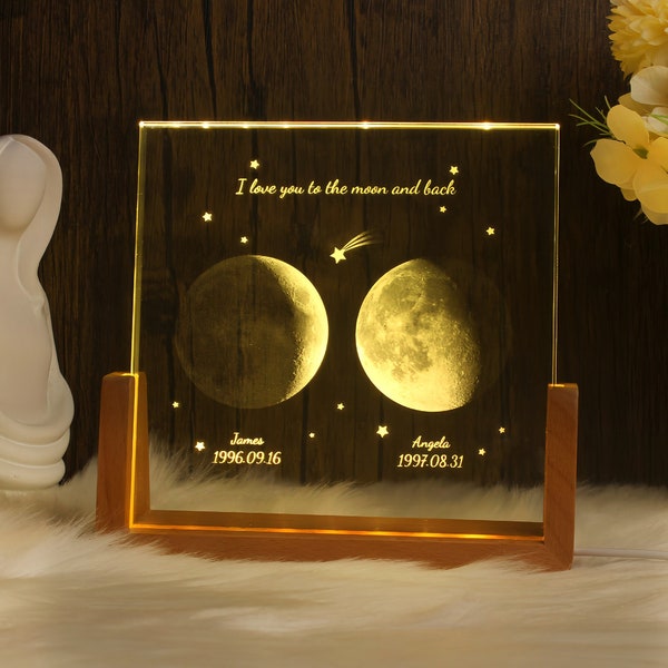 Personalized Moon Phase Crystal Lamp,Custom Moon Crystal Nightlight,The Night We Met Anniversary Gift,The Day You Were Born Gift,Couple Gift