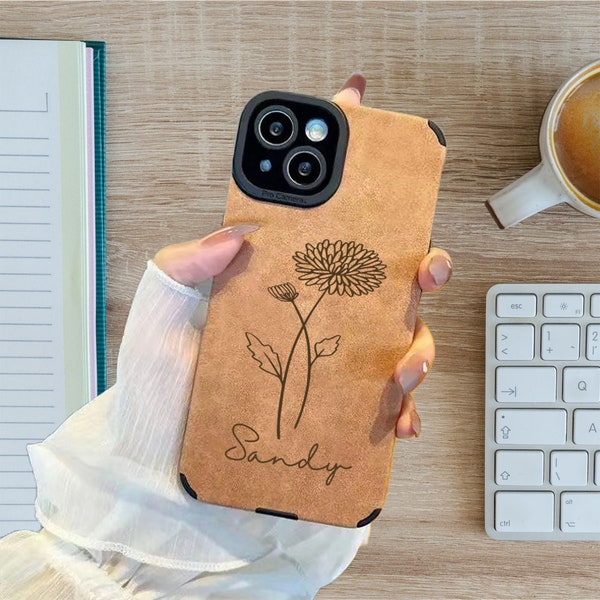 Personalized Suede iPhone Case for iPhone 15 14 13 Pro Max,Engraved Birth Flower Phone Case,Gift Idea for Her Custom Case