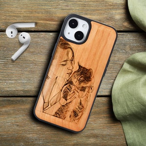 Coque iPhone personnalisée en bois avec photo pour iPhone 16, 15, 14, 13, 12, iPhone Pro Max, Plus, Pro et SE, idée cadeau souvenir d'animal de compagnie