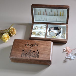 Joyero de madera de nogal personalizado: organizador de joyas portátil para viajes, regalo grabado personalizado para ella, regalo de boda, aniversario, cumpleaños