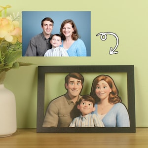 Cornice per foto 3D in stile Pixar personalizzata, ritratto di famiglia personalizzato, ritratto dei cartoni animati da foto, regalo in stile cartone animato, regalo per la famiglia
