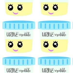 Puede incluir: Veinte contenedores azules y amarillos con una etiqueta blanca que dice "URINE-credible" y una cara de dibujos animados con ojos negros y mejillas rosadas.