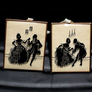 Reverse Painting on Convex Glass - Dancing Couple 1900s Pair of Victorian Silhouettes