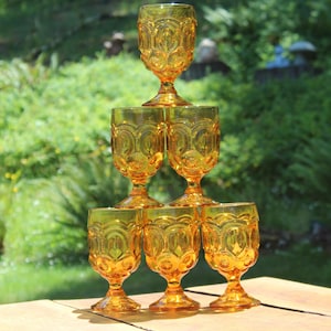 Vintage LE Smith Amber Moon & Stars Cordial Glasses Set of 6