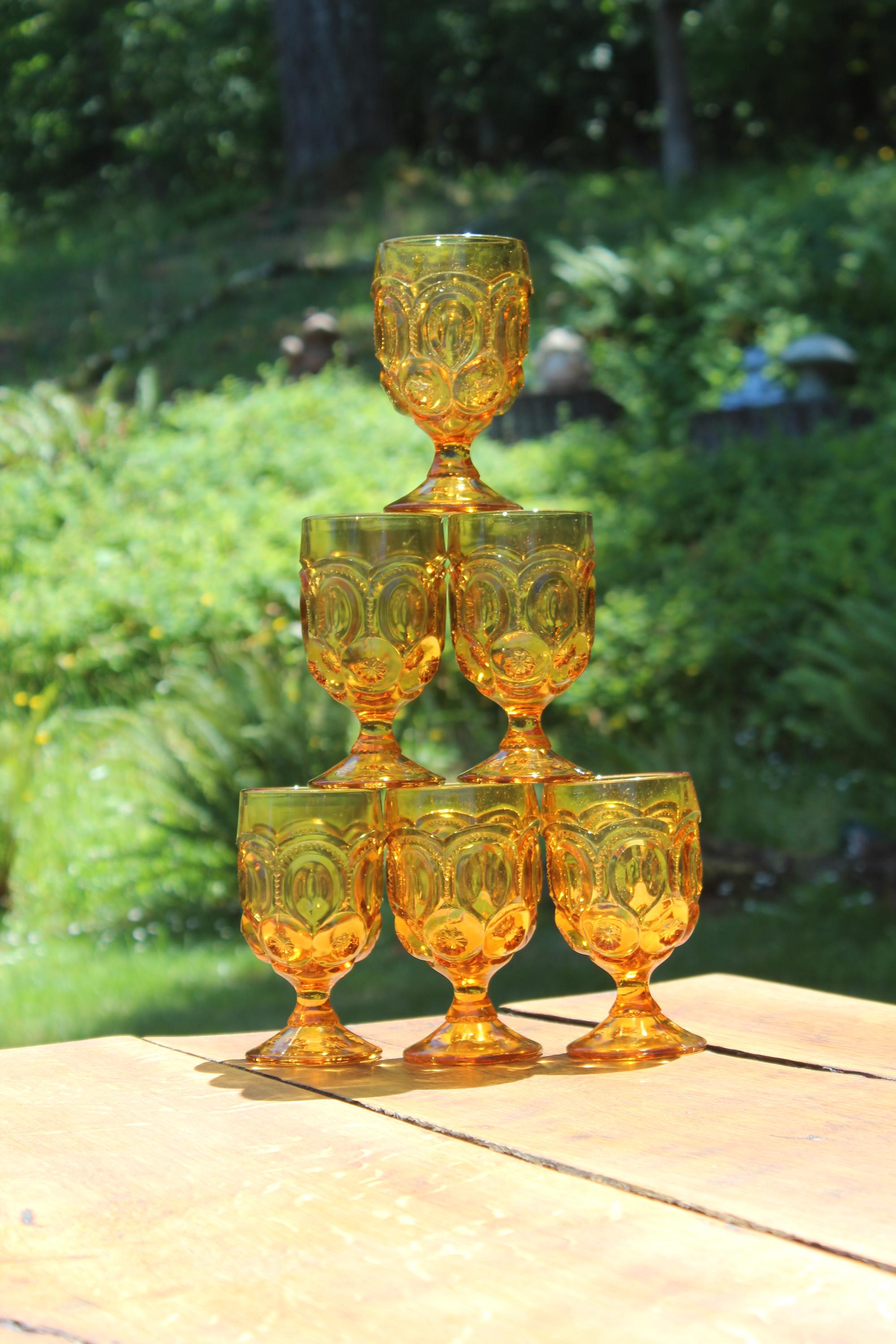 Vintage LE Smith Amber Moon & Stars Cordial Glasses Set of 6