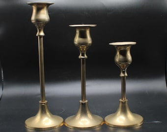 Trio of 3 Antique Art Deco Brass Candlesticks 8.5", 7.0", 6.5" made in India