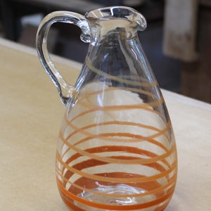 Handmade Blown Heavy Glass Mexican Glassware Orange  Handled Swirl Pitcher