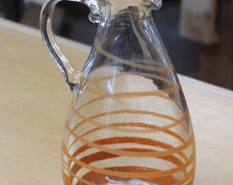 Handmade Blown Glass Mexican Glassware Orange Swirl Pitcher