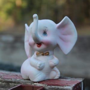 Vintage Pink Elephant Figurine Ceramic Bisque Blue Eyes Porcelain Made in Japan