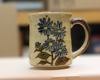 Vintage Midcentury Speckled Stoneware Painted Flower Motif Coffee Mug