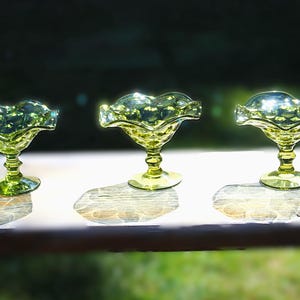 Vintage Imperial Glass Provincial Green Thumbprint Compote or Candy Dish set of 3