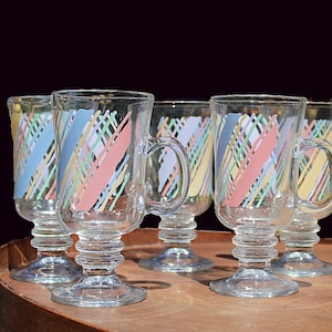 Vintage 80s Libbey Glass Pastel Rainbow Irish Coffee Mugs Pedestal Mugs Set