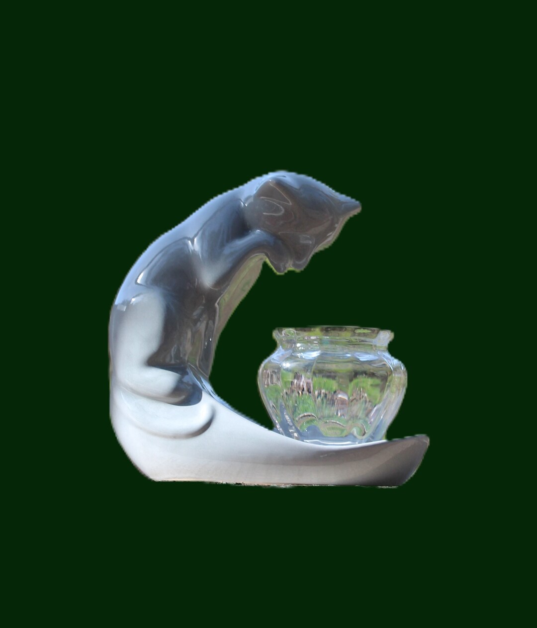Vintage Cat Fish Bowl Holder Ceramic Figurine White Haeger Style