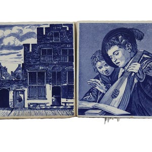 Vintage Delft Blue Style Ceramic Wall Tiles: Dutch Scene & Musical Boys Reproduction