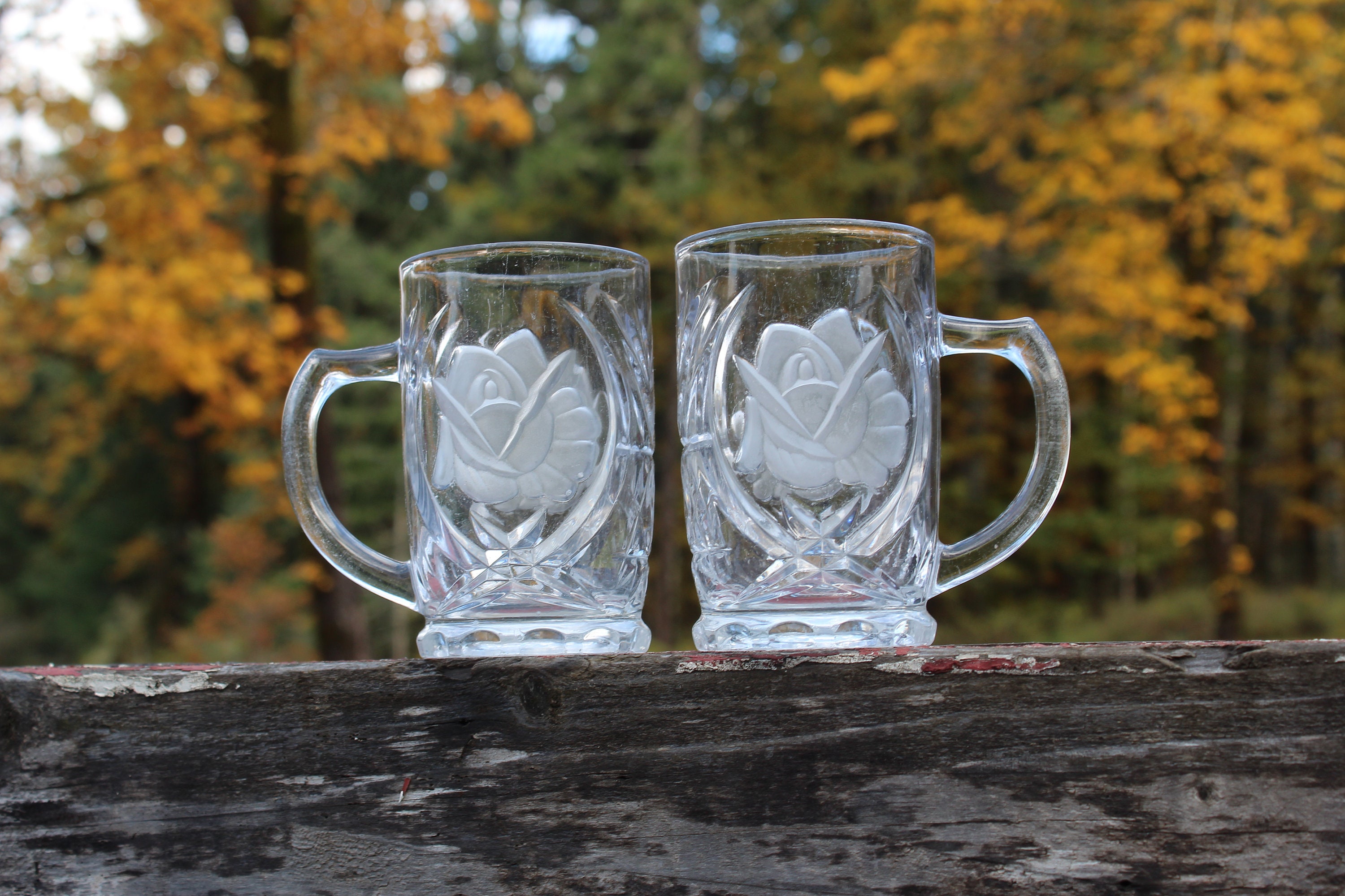 Mikasa Crystal Mugs, frosted glass Roses, 4 Crystal Mugs, Rose Pearls  pattern crystal, gift for her, Valentines gift, Mikasa coffee mugs