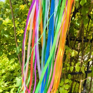 May include: A colorful wind chime with long, flowing ribbons in shades of pink, orange, yellow, green, blue, and purple. The ribbons hang from a circular frame suspended by a natural twine, creating a vibrant outdoor decoration.