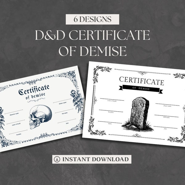 Certificado de defunción DnD / Pérdida de personaje acompañante / Accesorios de mazmorras y dragones / D&D 5e / DND imprimible