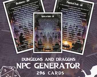 Tarjetas generadoras de PNJ de D&D / DM / Herramientas para el Dungeon Master / Cartas de DnD / DnD listas para imprimir / Dragones y Mazmorras / Imprimibles de D&D