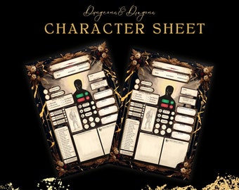 May include: Two black and gold Dungeons & Dragons character sheets with a silhouette of a person in the center of each sheet. The sheets have a decorative border with flowers and wheat.