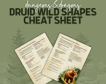 D&D Druid Wild shapes Cheat Sheet | DM / Dungeon Master Tools | DnD Cards | DnD Ready To Print | Dungeons and Dragons | DND printable