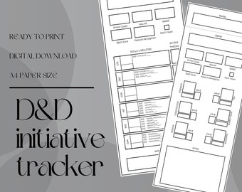May include: Printable Dungeons & Dragons initiative tracker sheet. The sheet includes spaces for character name, armor class, max HP, speed, spell save, passive perception, dark vision, saving throws, skills and abilities, and notes.