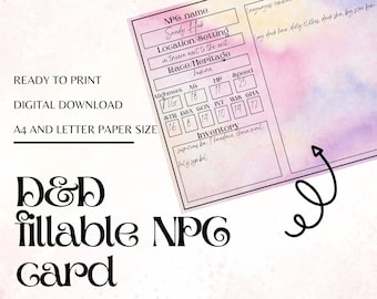 Tarjetas de PNJ rellenables para D&D / DM / Herramientas de Dungeon Master / Hoja de estadísticas de PNJ / PDF rellenable e imprimible / Dungeons and Dragons