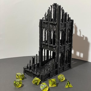 Torre de Dados em Ruína Gótica Antiga para Dungeons & Dragons e RPGs de Mesa | Impressão 3D | Compatível com D&D 40K e D20 | Bandeja de Dados D&D | Presente D&D