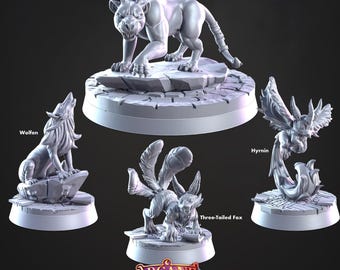 Può includere: Quattro miniature di creature fantastiche, tra cui un wolfen, un liontex, una volpe a tre code e un hyrnin. Le miniature sono stampate in grigio e sono posizionate su basi circolari.