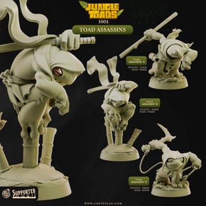 Puede incluir: Colección de figuras de resina en tonos verdes, etiquetadas como "Jungle Toads 1001 Toad Assassins". Las figuras representan sapos antropomórficos en poses de acción, empuñando armas. Medidas: 31mm, 45mm y 30mm de altura, con base de 25mm.