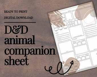 Hoja de compañero animal de D&D / DM / Herramientas del Dungeon Master / Hoja de personaje de DnD 5e / PDF rellenable e imprimible / Dungeons and Dragons