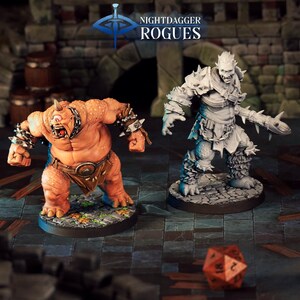 May include: Two detailed fantasy miniatures: a cyclops with orange skin and a gray orc. The cyclops has a single horn and spiked wristbands. The orc is gray with spiked armor. The Nightdagger Rogues logo is at the top.