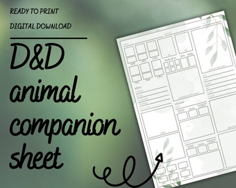 Hoja de compañero animal de D&D / DM / Herramientas del Dungeon Master / Hoja de personaje de DnD 5e / PDF rellenable e imprimible / Dungeons and Dragons