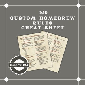 Puede incluir: Fondo gris con texto blanco "D&D CUSTOM HOMEBREW RULES CHEAT SHEET". Dos hojas de papel con reglas personalizadas en el centro. Una insignia circular en la parte inferior dice "5.5e/2024."