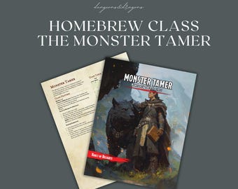 Könnte beinhalten: Ein selbstgemachtes Klassenhandbuch für Dungeons & Dragons für die Klasse des Monsterzähmers. Der Leitfaden zeigt einen schwarz-weißen Wolf und einen menschlichen Charakter in einer Waldkulisse. Der Text "Monster Tamer" ist in Rot und Weiß.