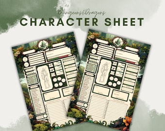 Può includere: Un foglio di personaggio di Dungeons & Dragons verde e marrone con uno sfondo di foresta. Il foglio include sezioni per le statistiche del personaggio, le abilità, gli incantesimi e l'inventario.