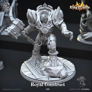 May include: A gray, detailed miniature of a robot with a hammer, standing on a stone base. The miniature is labeled "Royal Construct 499".