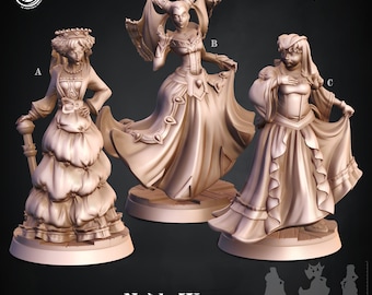 Könnte beinhalten: Drei detaillierte Miniaturfiguren von Frauen in aufwendigen Kleidern. Die Figuren stehen in einer stehenden Position und sind in einem hellbraunen Farbton bemalt. Die Figuren sind mit A, B und C beschriftet. Der Text "Noble Women 483" ist unter den Figuren gedruckt. Der Text "Royal Feast" ist in der oberen rechten Ecke des Bildes gedruckt.