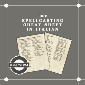 May include: Two sheets of paper with text in Italian, labeled "D&D Spellcasting Cheat Sheet." The sheets are cream-colored with black text, and the title is in large, bold letters. A circular emblem with "5.5e/2024" is at the bottom.