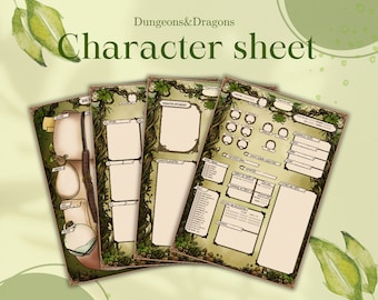 May include: A Dungeons & Dragons character sheet with a green, leafy, vine-like border. The sheet is divided into sections for character information, abilities, and skills.