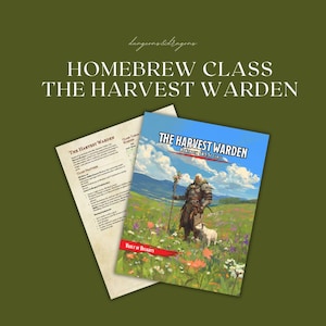 Può includere: Una guida di classe Homebrew di Dungeons & Dragons intitolata "The Harvest Warden". La copertina presenta un guerriero con un bastone e una pecora in un campo di fiori. Il testo "Vaile of Delights" è sulla copertina.