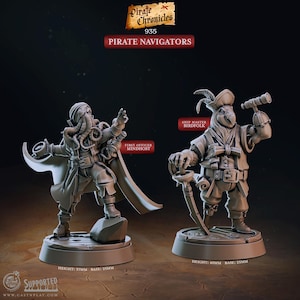 Può includere: Due figurine in miniatura grigie di navigatori pirati. Una figura è un First Officer Mindhost con tentacoli, l'altra è un Ship Master Birdfolk con un telescopio. Le figure sono su basi. Il First Officer è alto 37 mm, lo Ship Master 40 mm.