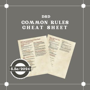 Puede incluir: Una hoja de trucos de reglas comunes de D&D con texto que incluye "D&D 2024 Common Rules Cheat Sheet" y "5.5e/2024". La hoja de trucos est&aacute; sobre un fondo gris con detalles blancos.