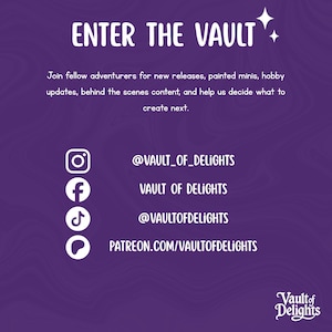 Puede incluir: Gr&aacute;fico p&uacute;rpura con texto blanco que dice "ENTER THE VAULT". Incluye iconos de redes sociales para Instagram, Facebook, TikTok y Patreon, con los nombres de usuario y la direcci&oacute;n del sitio web correspondientes.