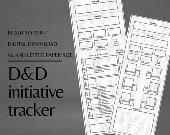 May include: Printable D&D initiative tracker with space for character name, armor class, max HP, speed, passive perception, saving throws, skills and abilities, and notes. The tracker is designed for A4 and letter paper sizes.
